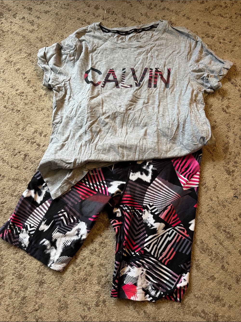 Calvin Klein Gray Tee with Black and Pink Graphic Bike Shorts